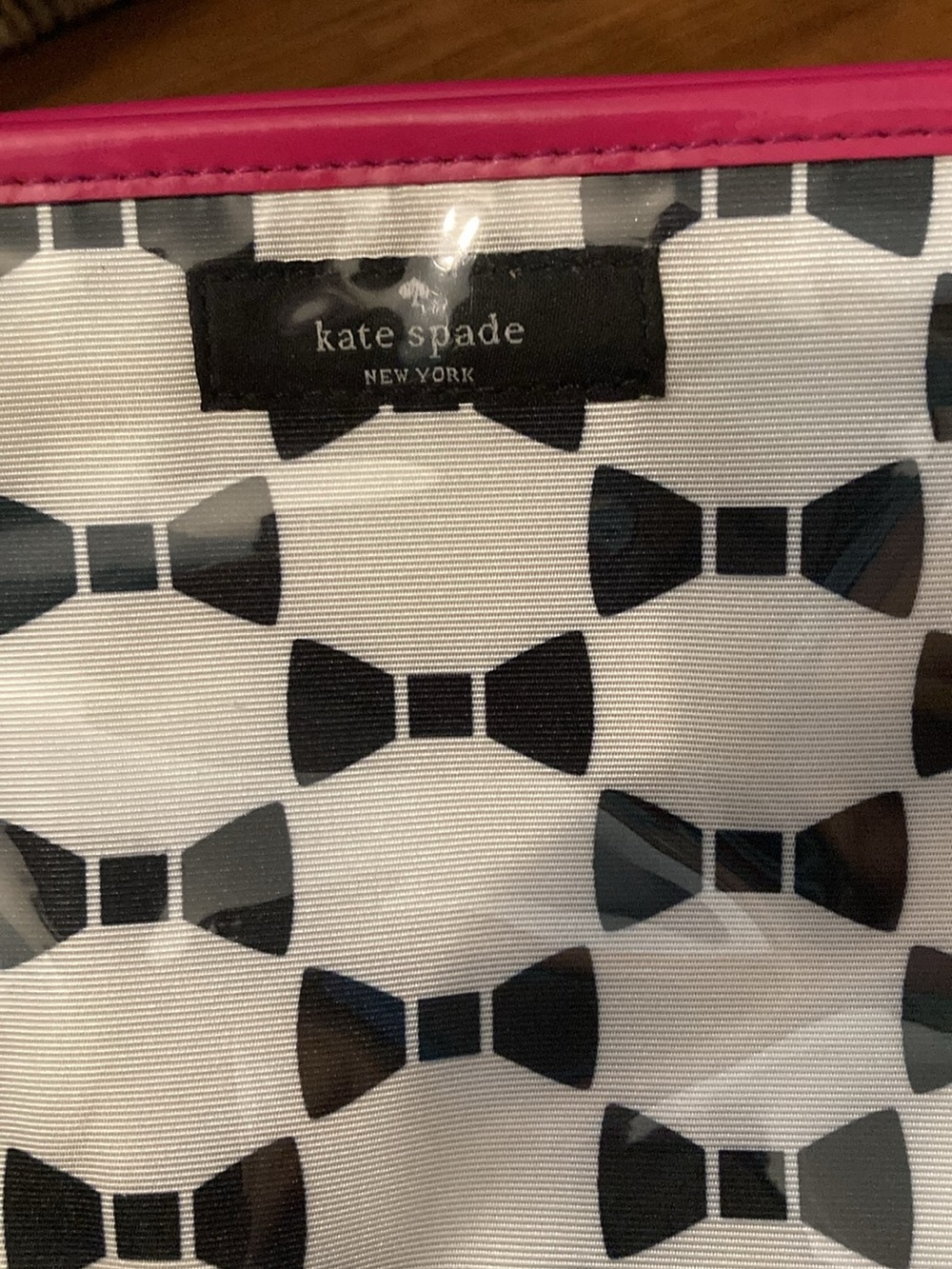 kate spade Black Bow Print Pouch with Pink Trim